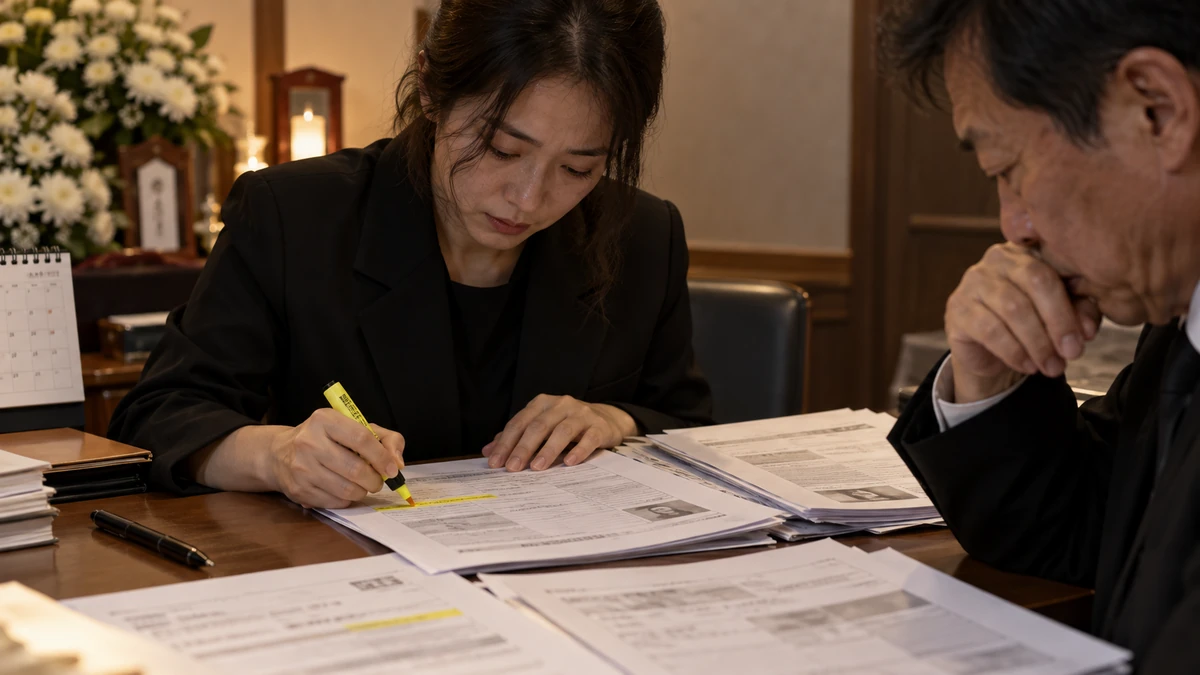 상속 관련 서류에 형광펜으로 표시하며 정리하는 여성