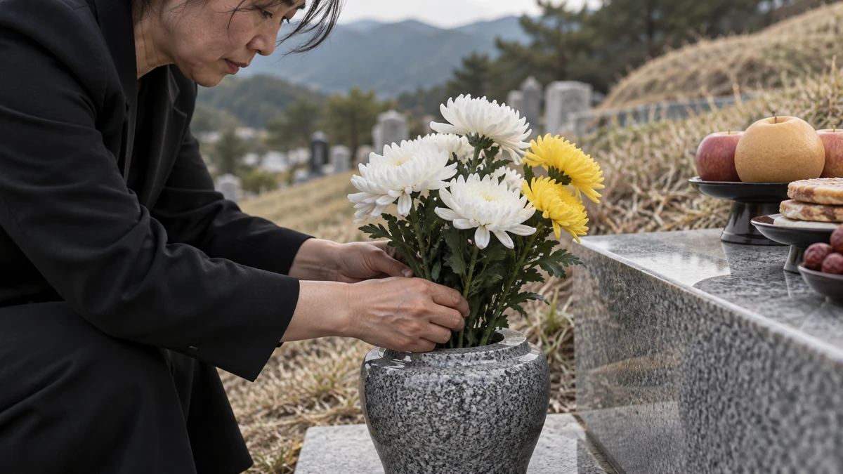 산소 상석 옆 돌 화병에 흰색과 노란색 국화 조화를 꽂는 손