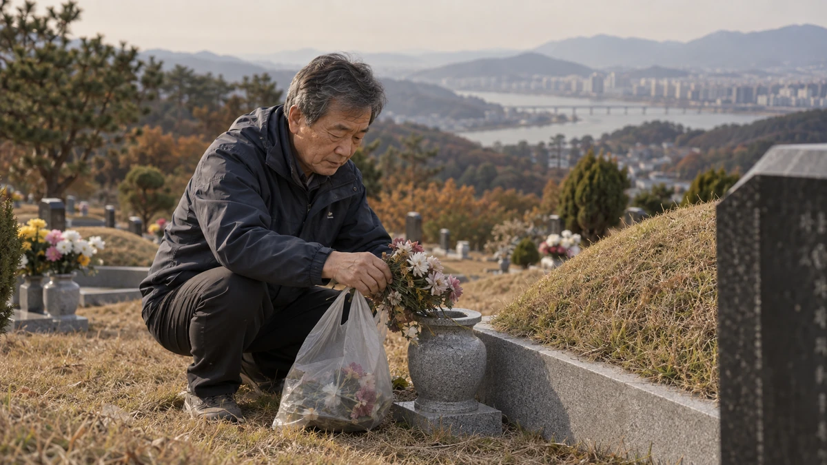 산소에서 색이 바랜 조화를 걷어 비닐봉지에 담는 60대 남성