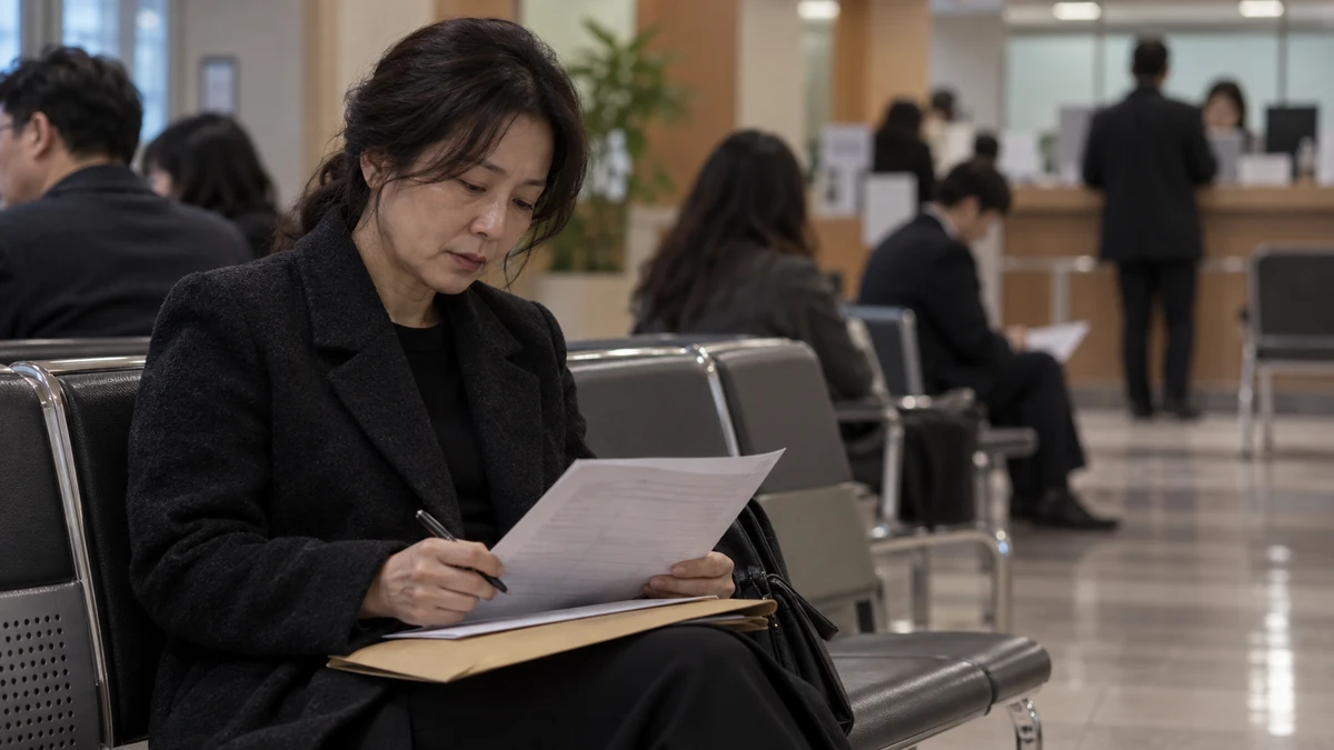 법원 민원실 대기석에서 신고서 양식을 확인하는 중년 여성