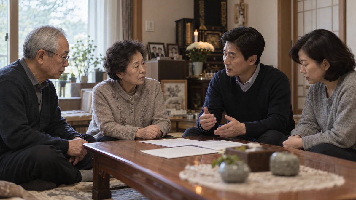 거실에서 부모님과 자녀가 서류를 두고 상속 문제를 의논하는 모습