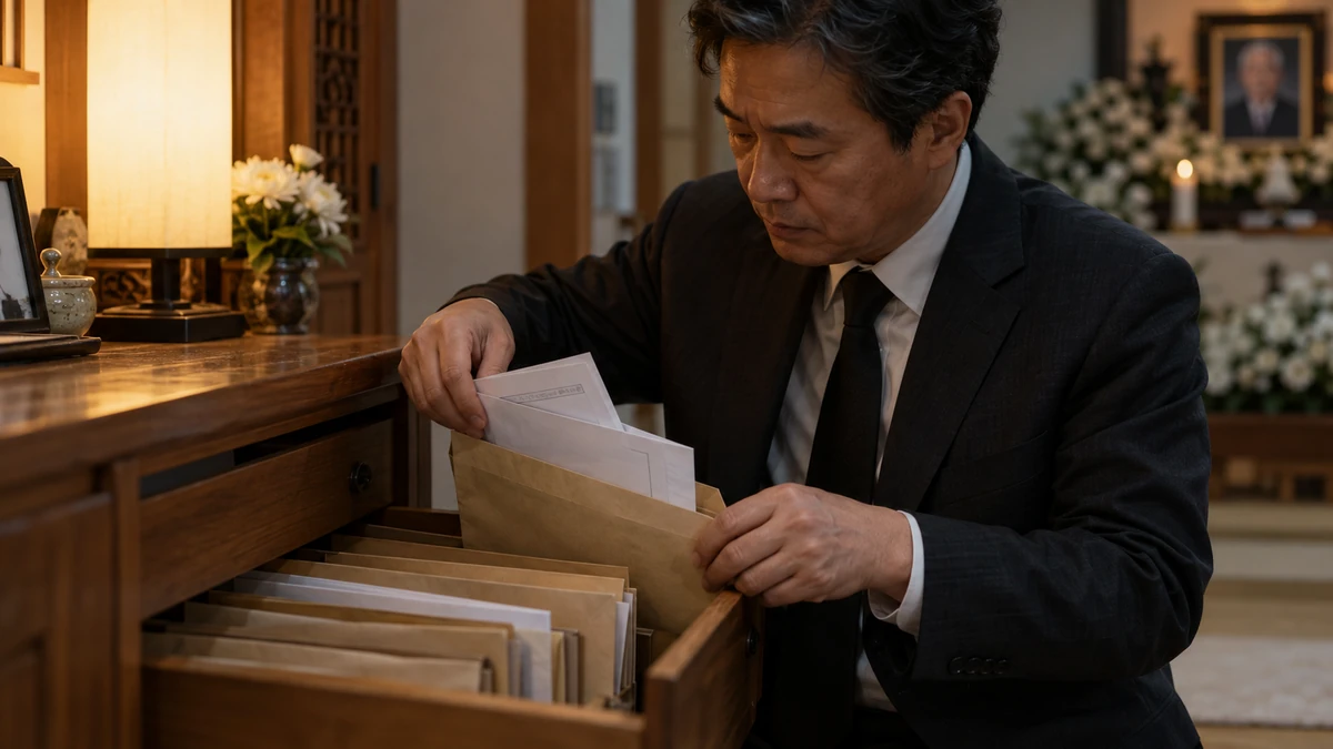 서랍 속 서류 봉투에 법원 서류를 정리해 넣는 모습