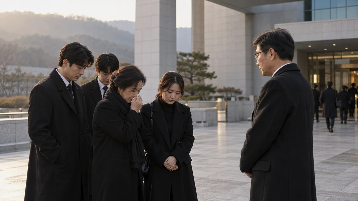 이른 아침 화장장 앞에 모여 기다리는 유가족