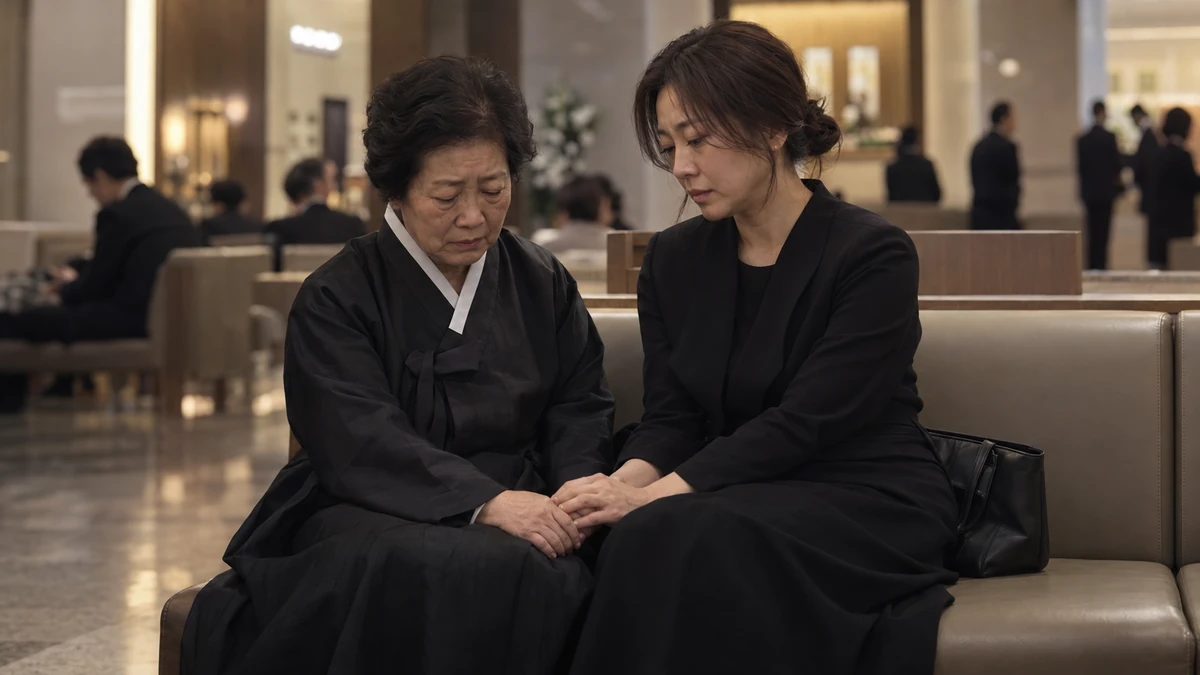 화장장 유족 대기실에서 손을 맞잡고 기다리는 어머니와 딸