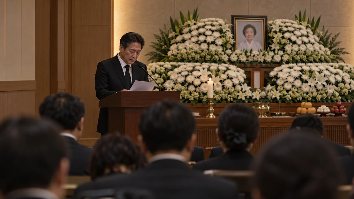 영결식장 앞쪽에서 검은 정장 차림의 중년 남성이 단상에서 추도사를 읽는 모습