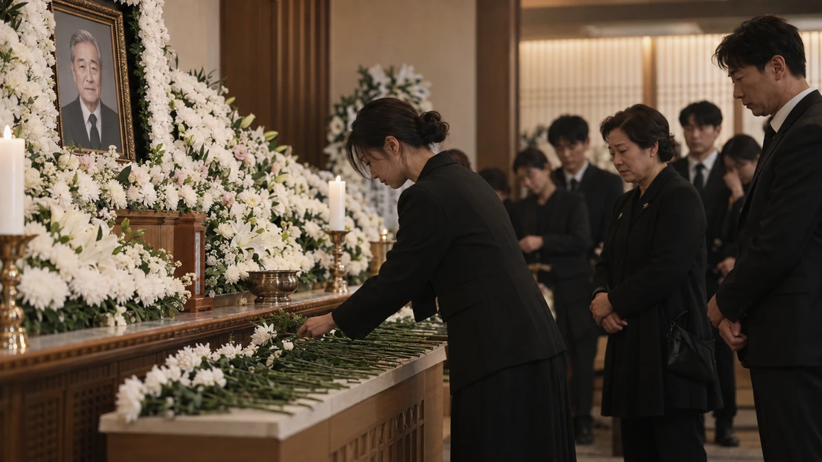 영결식장에서 유족과 조문객이 차례로 영정 앞에 흰 국화를 올리는 모습