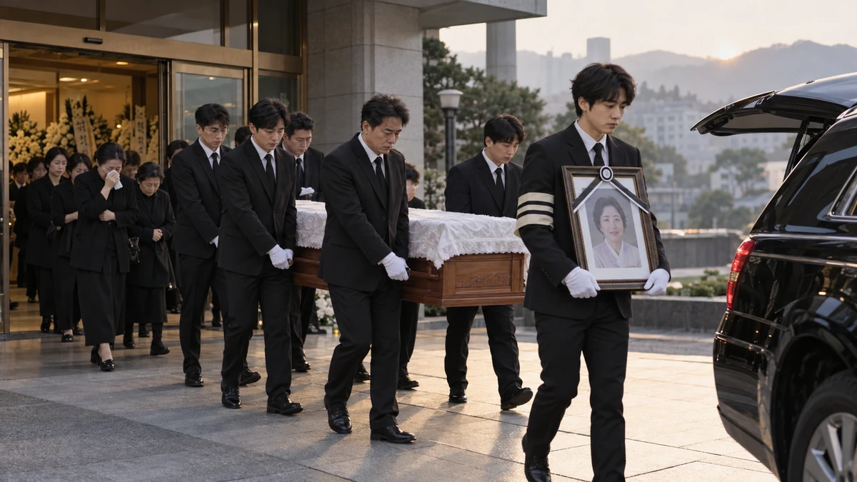 발인 날 아침 장례식장 앞에서 운구 행렬이 운구차로 향하고 가족이 영정을 들고 앞장서는 모습