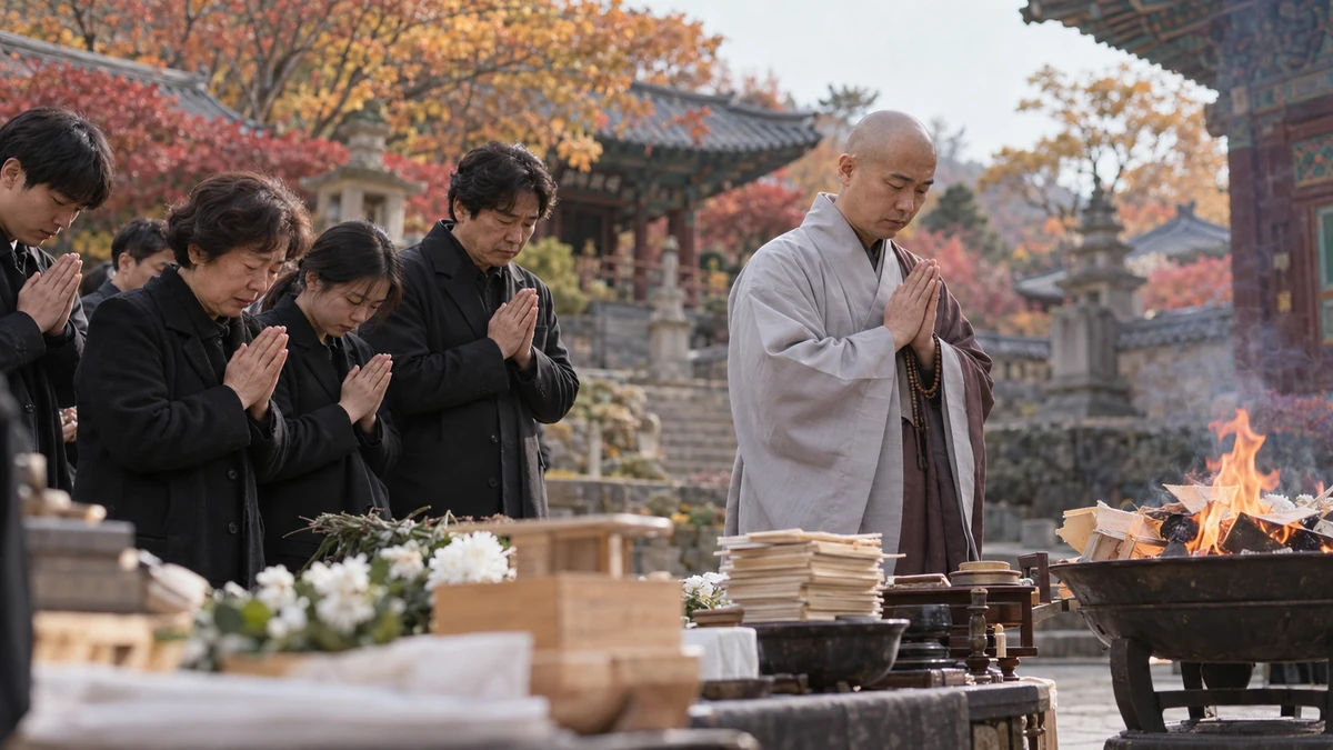 사찰 마당에서 스님과 유족이 함께 합장하며 고인의 유품을 보내 드리는 의식을 올리는 모습