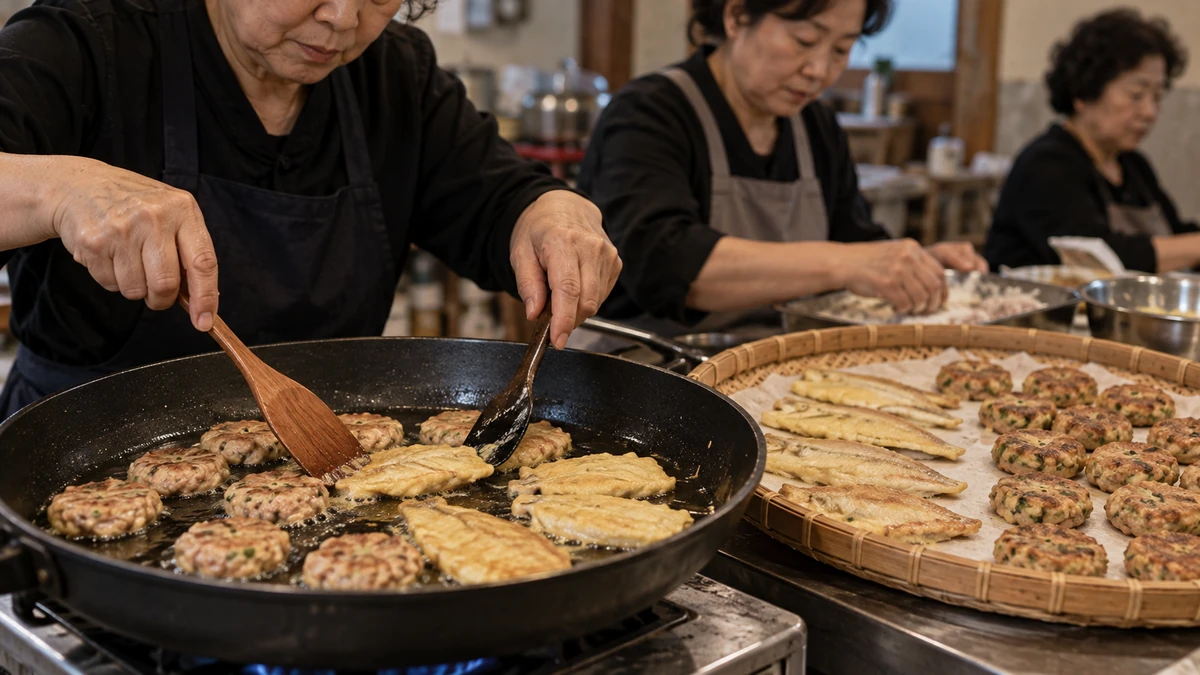팬에 동그랑땡과 동태전을 부치고 채반에 식혀 둔 제사 전