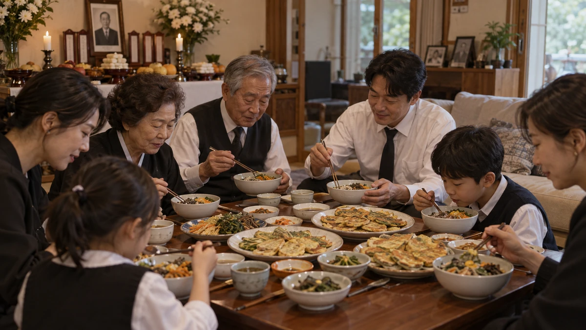 제사를 마친 뒤 가족이 둘러앉아 제사 음식을 나눠 먹는 모습