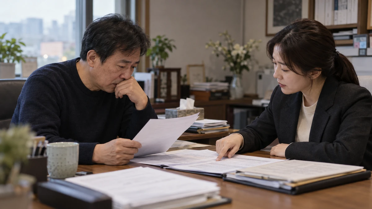 세무 상담실에서 상속 서류를 보여 주며 상담을 받는 모습