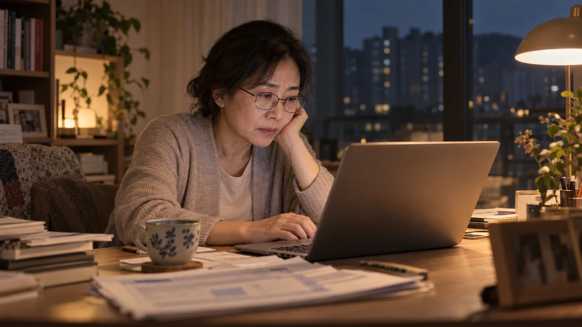집 서재에서 노트북으로 상속세 신고 화면을 확인하는 여성