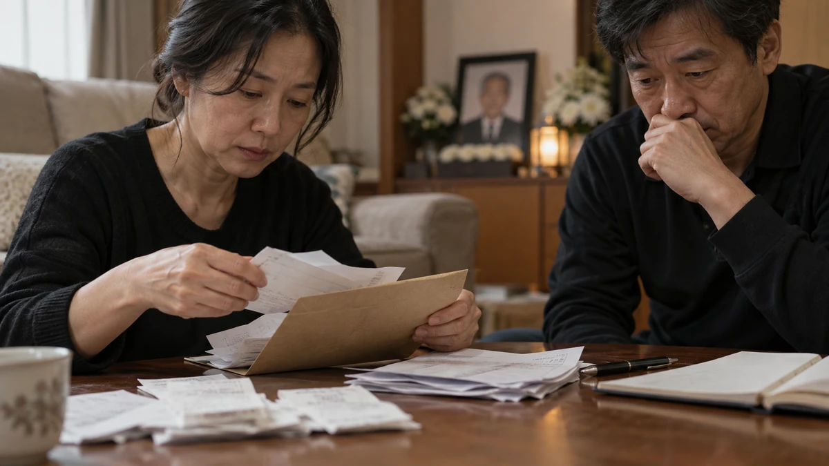 장례식장 정산서와 영수증을 봉투에 정리하는 손