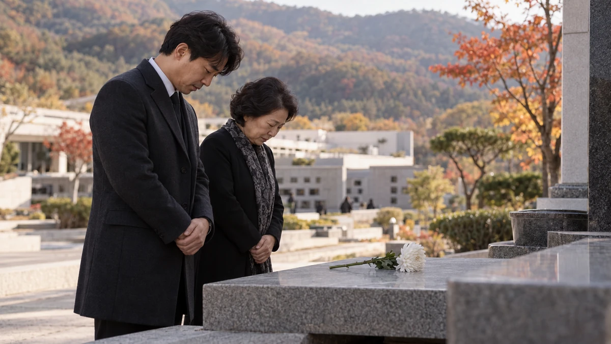 기일에 추모 공간 헌화대에 국화를 올리고 묵념하는 가족