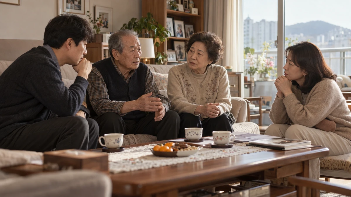 노부부가 자녀와 함께 장례 방법에 대해 이야기 나누는 모습