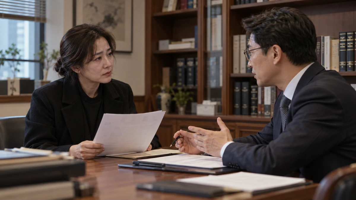 법률 상담실에서 가족관계 서류를 들고 상담을 받는 여성