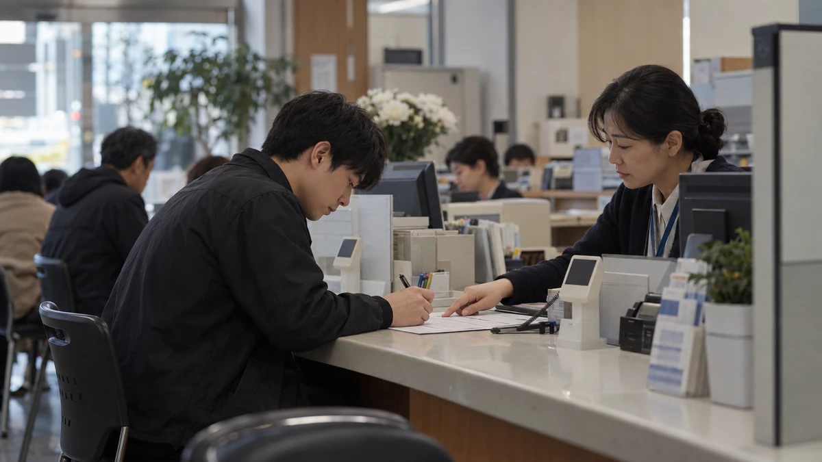 주민센터 창구에서 재산 조회를 신청하는 젊은 남성