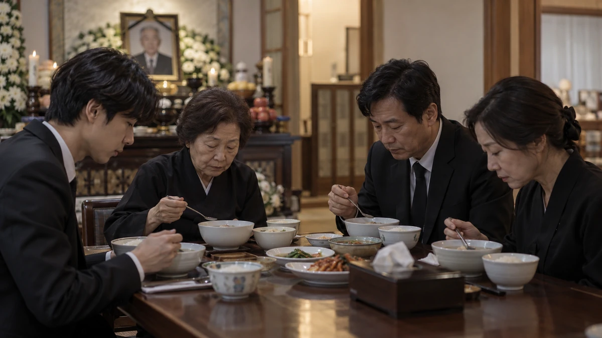 제사를 마친 뒤 가족들이 식탁에 둘러앉아 탕국과 밥을 나눠 먹는 한국 가정집 장면