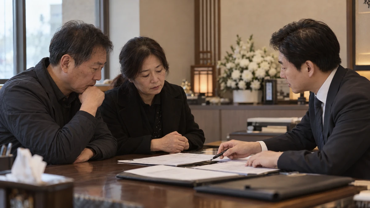 법률 상담실에서 중년 부부가 상담사와 마주 앉아 서류를 함께 살펴보는 장면