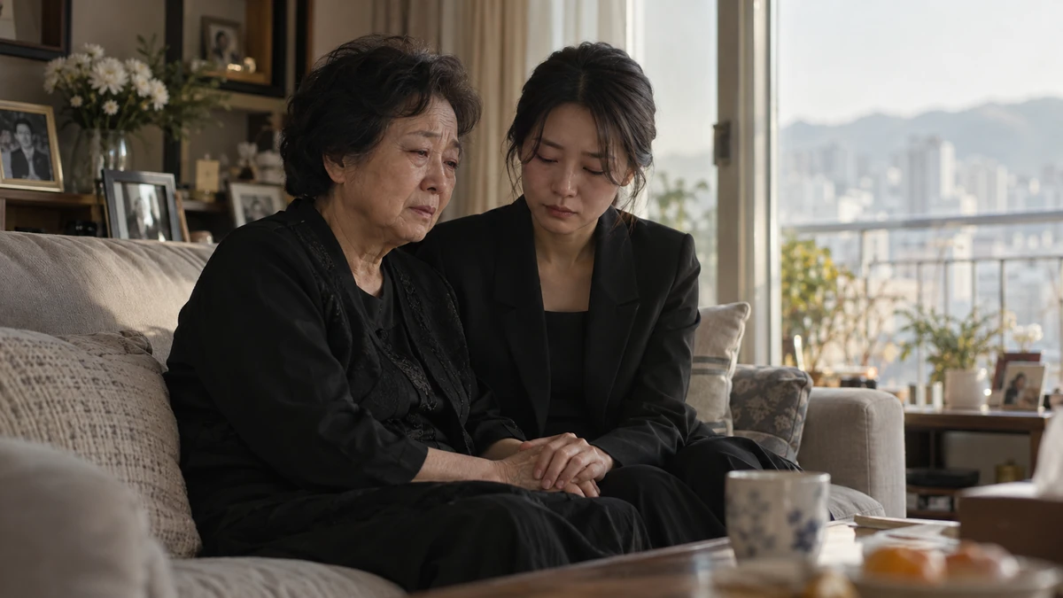 장례를 마친 뒤 집 거실 창가에서 어머니와 딸이 차분하게 손을 맞잡고 앉아 있는 장면