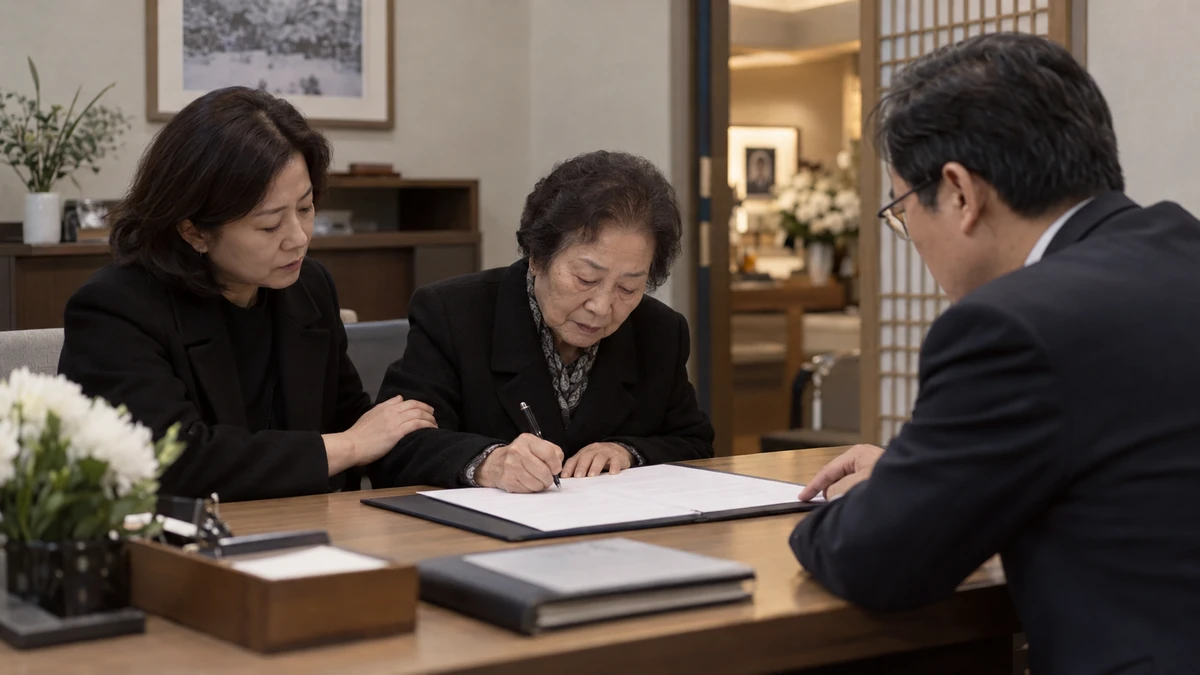 공증 사무소 회의실에서 70대 여성이 딸과 함께 서류에 서명하는 장면, 맞은편에 정장 차림의 공증인