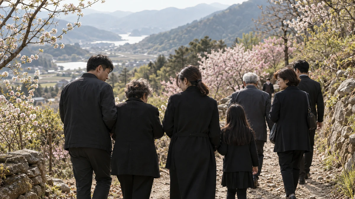 성묘를 마치고 가족들이 산길을 따라 천천히 내려오며 서로 이야기 나누는 봄날 장면