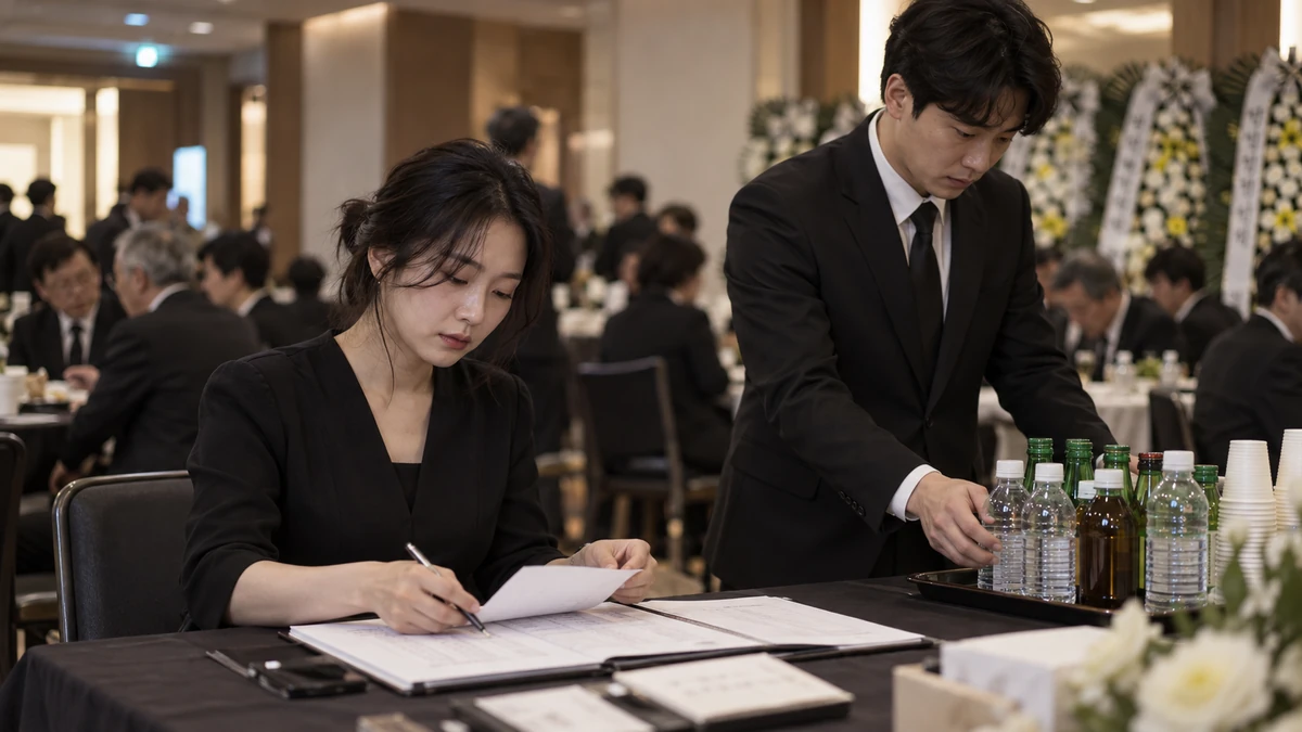 장례식장 접객실에서 손녀가 부의록과 조문객 명단을 정리하고 손자가 음료를 챙기는 장면