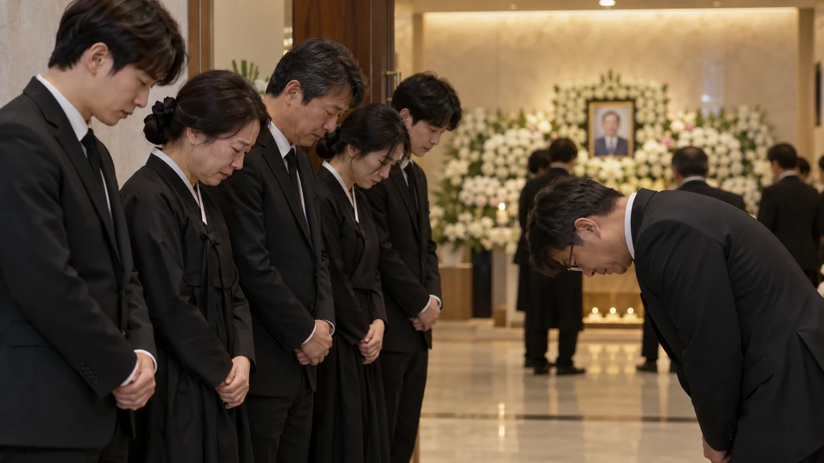 빈소 앞에서 검은 상복을 입은 가족들이 나란히 서서 조문객에게 인사하는 장면