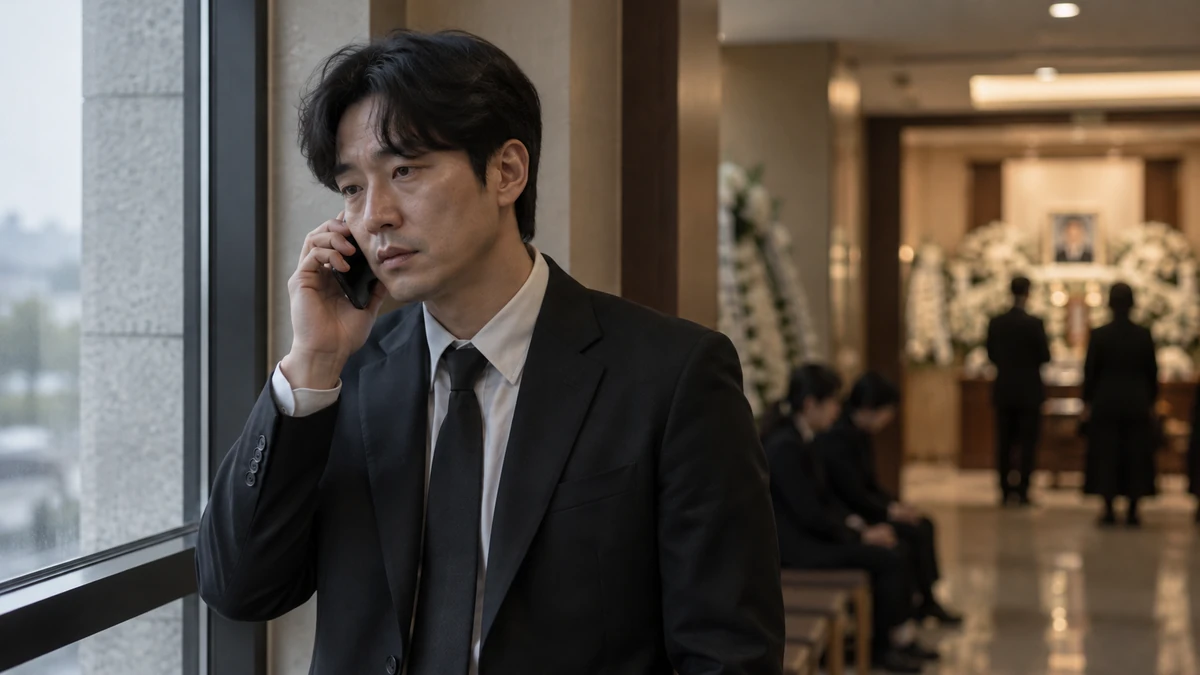 장례식장 복도 창가에서 검은 정장을 입은 직장인이 휴대전화로 회사에 연락하는 장면