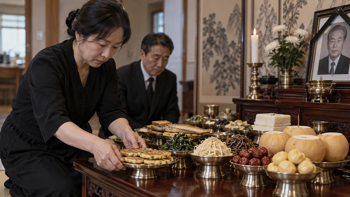 부엌 식탁에서 삼우제에 올릴 전과 나물, 과일을 제기에 나눠 담는 장면