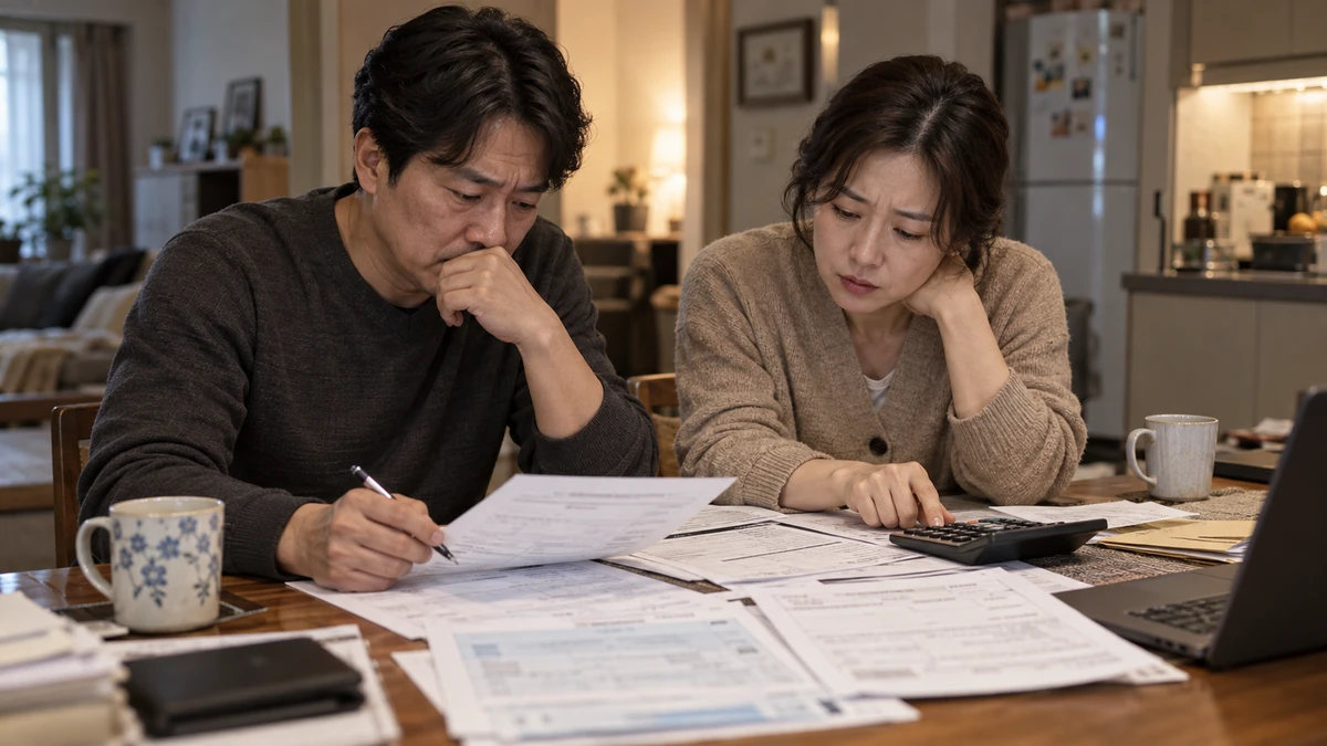 식탁 위에 주민등록등본과 등기부등본을 펼쳐 놓고 부부가 동거 기간을 확인하는 장면