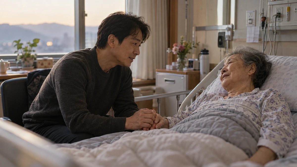 요양병원 병실에서 아들이 노모의 손을 잡고 이야기를 나누는 장면