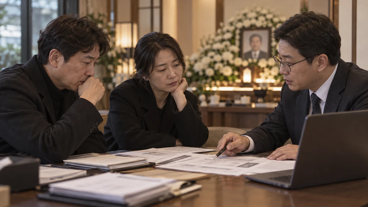 세무사 사무실에서 남매가 상속세 신고 서류를 앞에 두고 세무사와 상담하는 장면