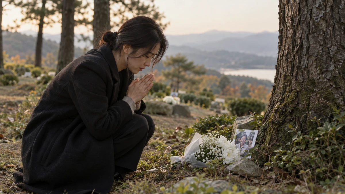 추모목 앞에 생화 꽃다발과 사진을 잠시 두고 두 손을 모아 인사하는 장면