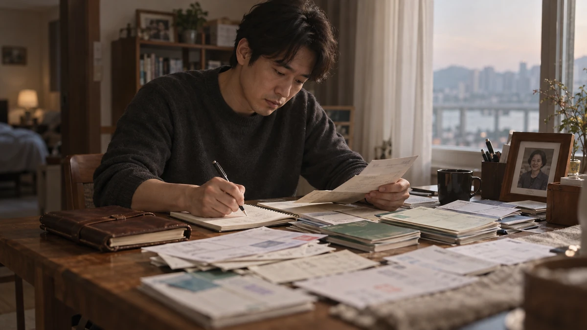 책상 위에 고인의 수첩과 우편물, 통장을 펼쳐 놓고 하나씩 정리하는 장면