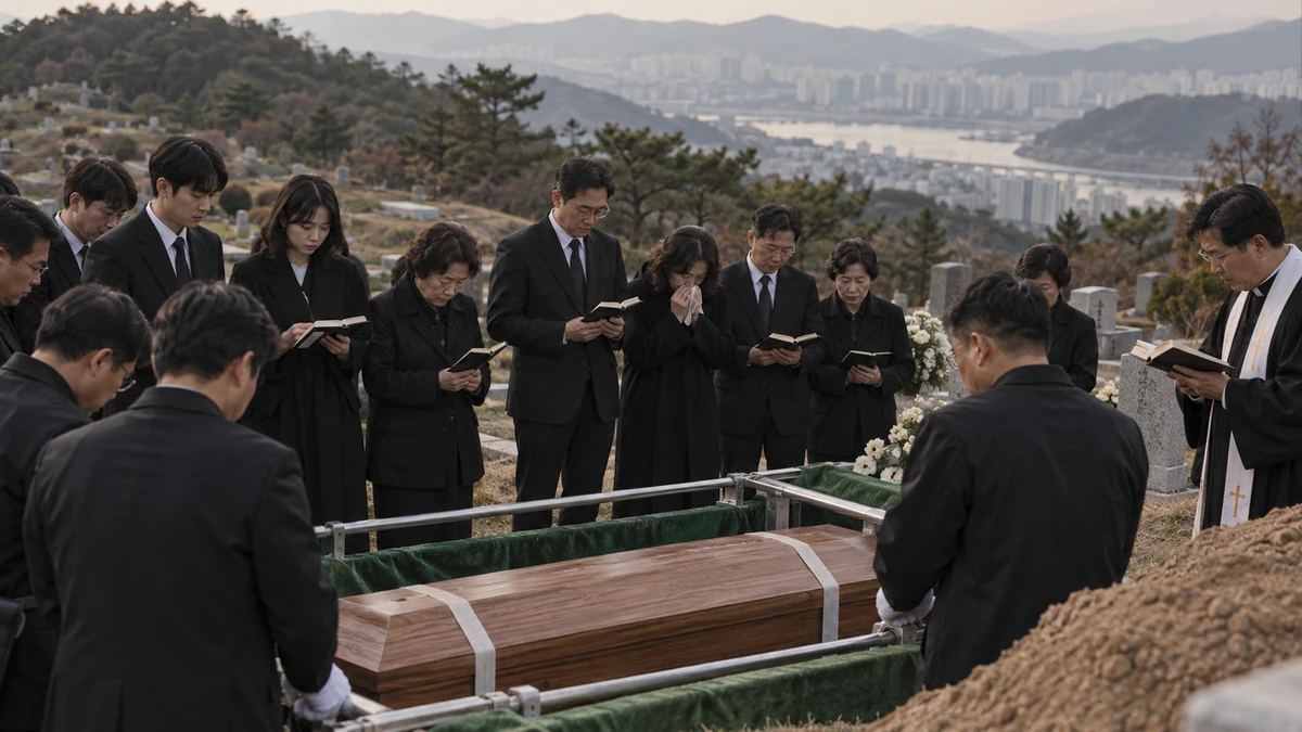 공원묘지 하관 현장에서 유족과 교인들이 관 주위에 서서 찬송하며 하관예배를 드리는 장면