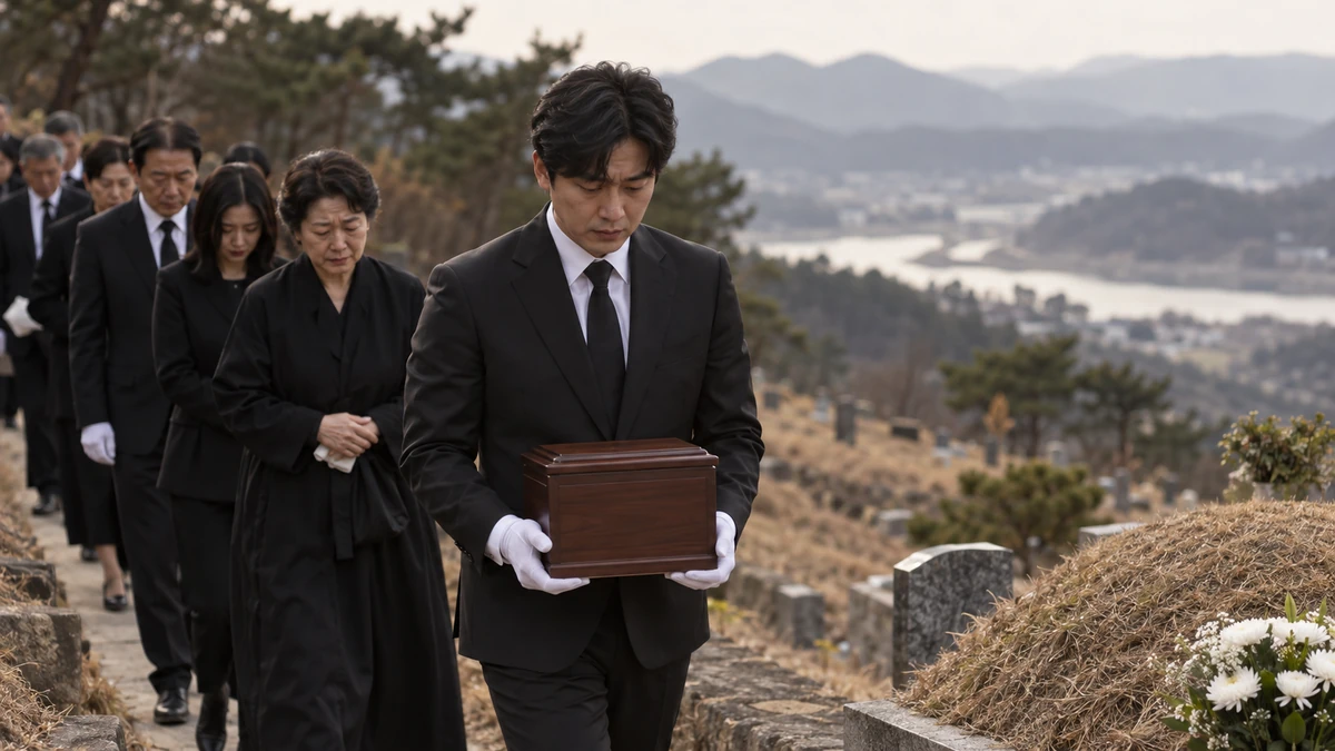장지에서 상주가 혼백함을 두 손으로 받쳐 들고 걸어가는 장면