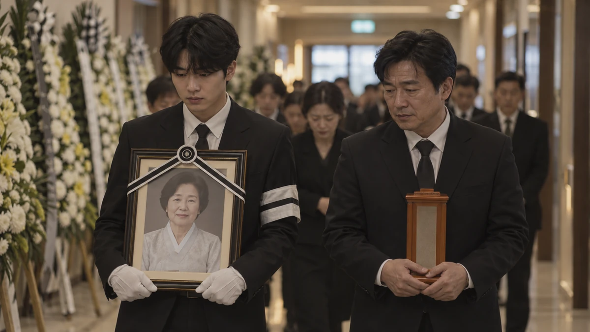 발인 날 영정 사진을 든 손자와 혼백함을 든 상주가 함께 걸어가는 장면