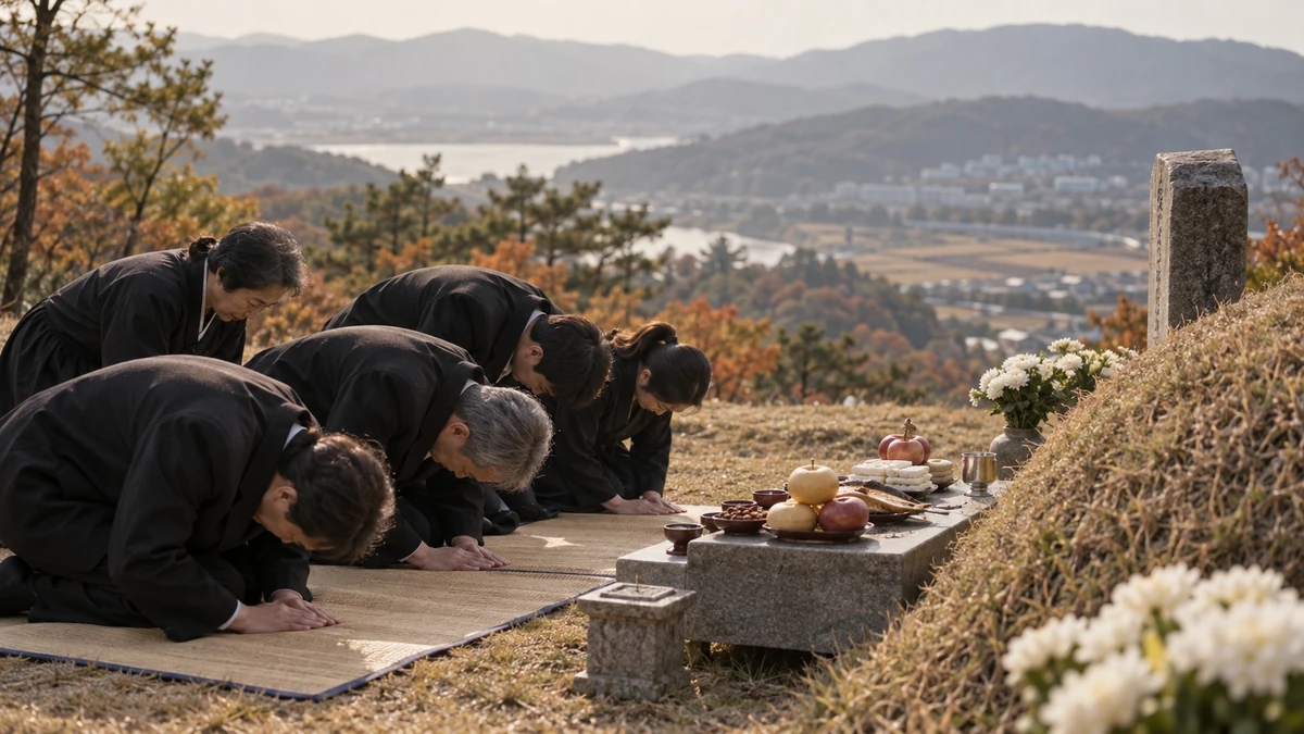 산소 앞에서 작은 상을 차리고 절하는 가족