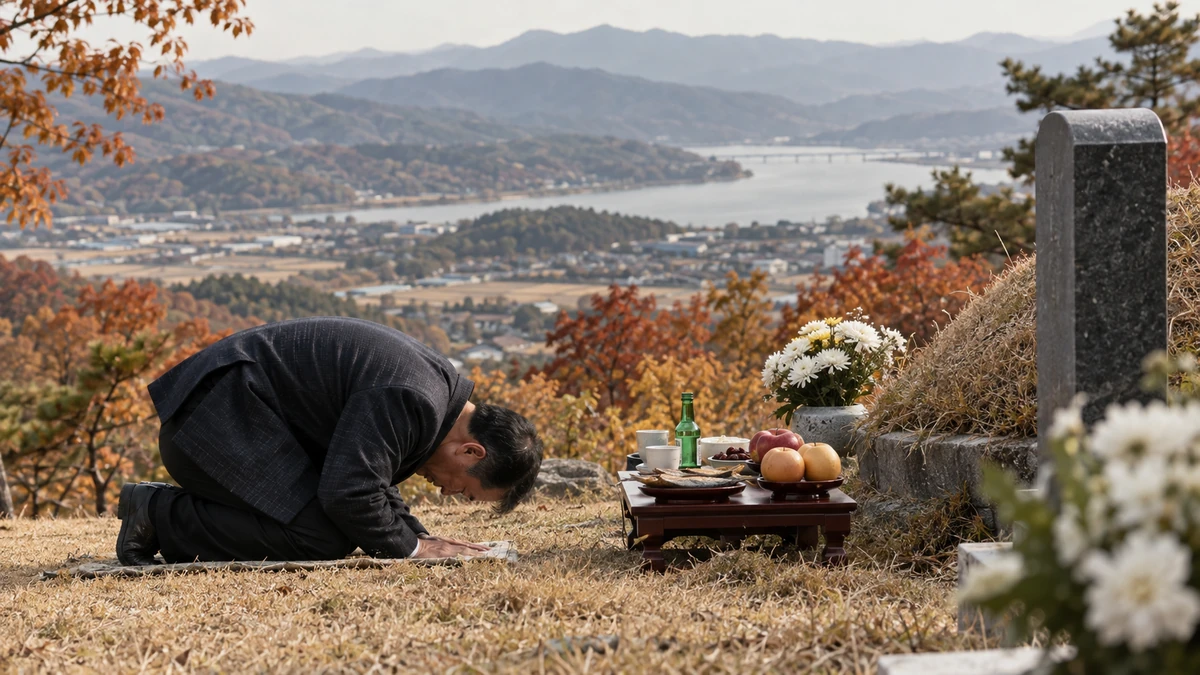 묘소 옆 작은 상 앞에서 산신제 절을 올리는 남성