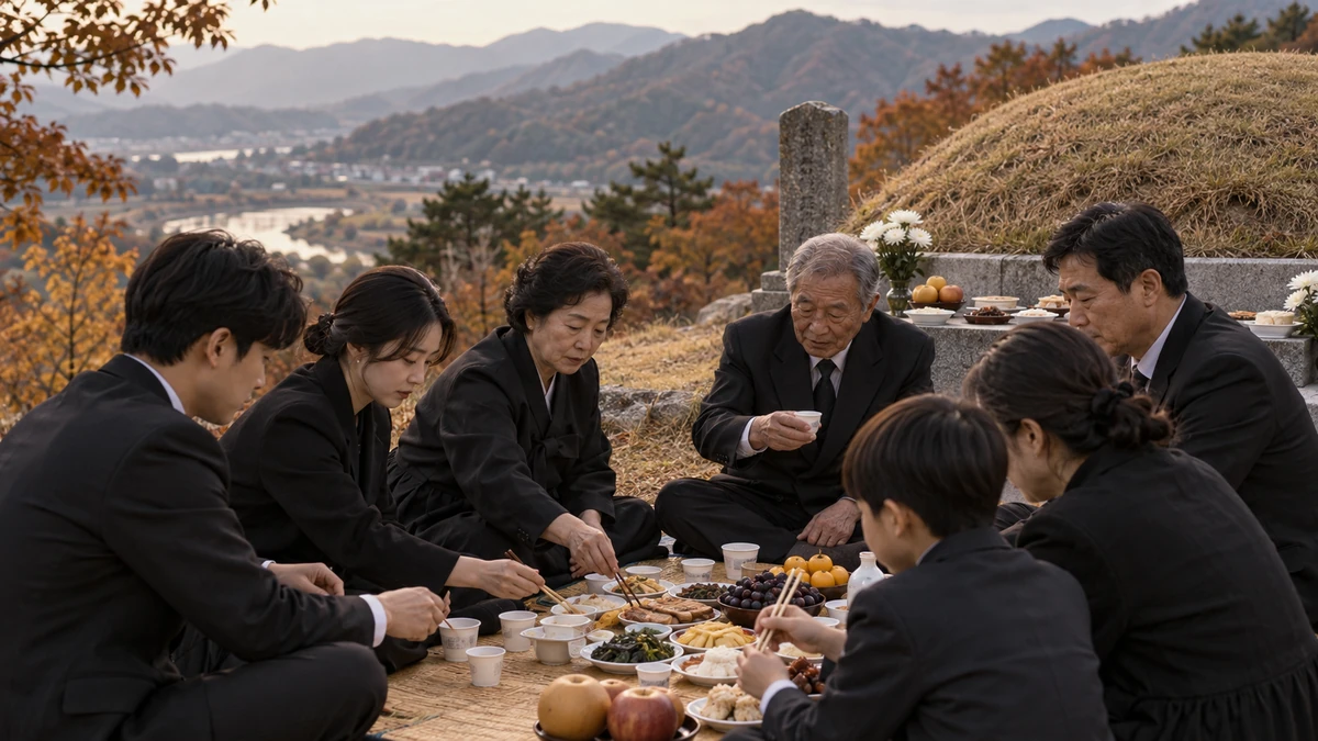 시제를 마친 뒤 둘러앉아 음복하는 여러 세대 가족