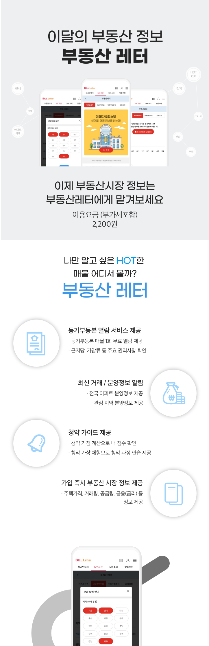 이달의 부동산 정보 부동산레터. 이제 부동산 시장 정보는 부동산레터에게 맡겨보세요. 이용요금(부가세포함) 2,200원. 나만 알고 싶은 HOT한 매물 어디서 볼까? 부동산 레터. 등기부등본 열람 서비스 제공. 등기부등본 매월 1회 무료 열람 제공. 근저당, 가압류 등 주요 권리사항 확인. 최신 거래/분양정보 알림. 전국 아파트 분양정보 제공. 관심 지역 분양정보 제공. 청약 가이드 제공. 청약 가점 계산으로 내 점수 확인. 청약 가상 체험으로 청약 과정 연습 제공. 가입 즉시 부동산 시장 정보 제공. 주택가격, 거래량, 공급량, 금융(금리) 등 정보 제공.
