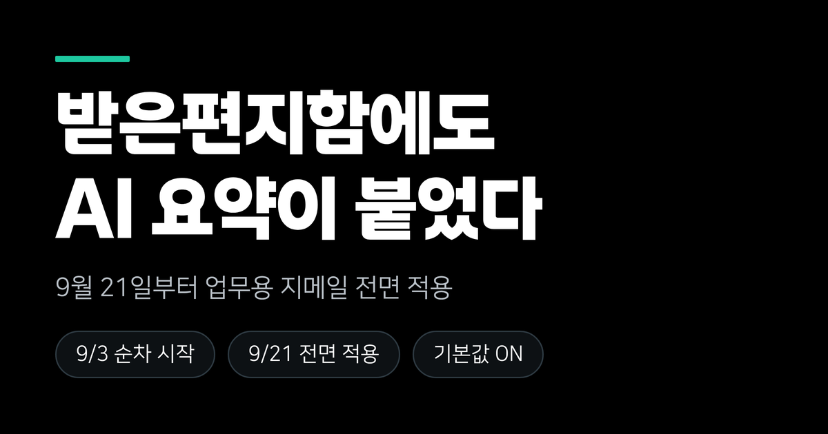 받은편지함에도 AI 요약이 붙었다, 9월 21일부터 업무용 지메일 전면 적용