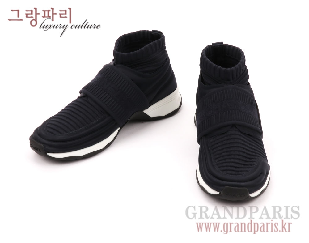 샤넬 18SS 네이비 글리터 페브릭 밴딩 니트 삭스 스니커즈 37