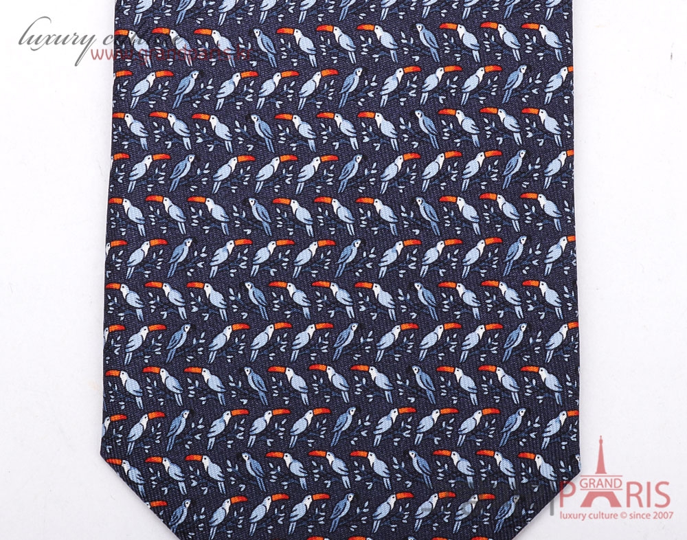 에르메스 네이비 블루 parrot 패턴 실크 넥타이