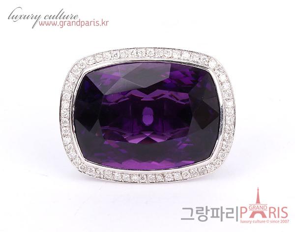 Fine Jewelry 천연 자수정 스퀘어 파베 라인 반지 Au750