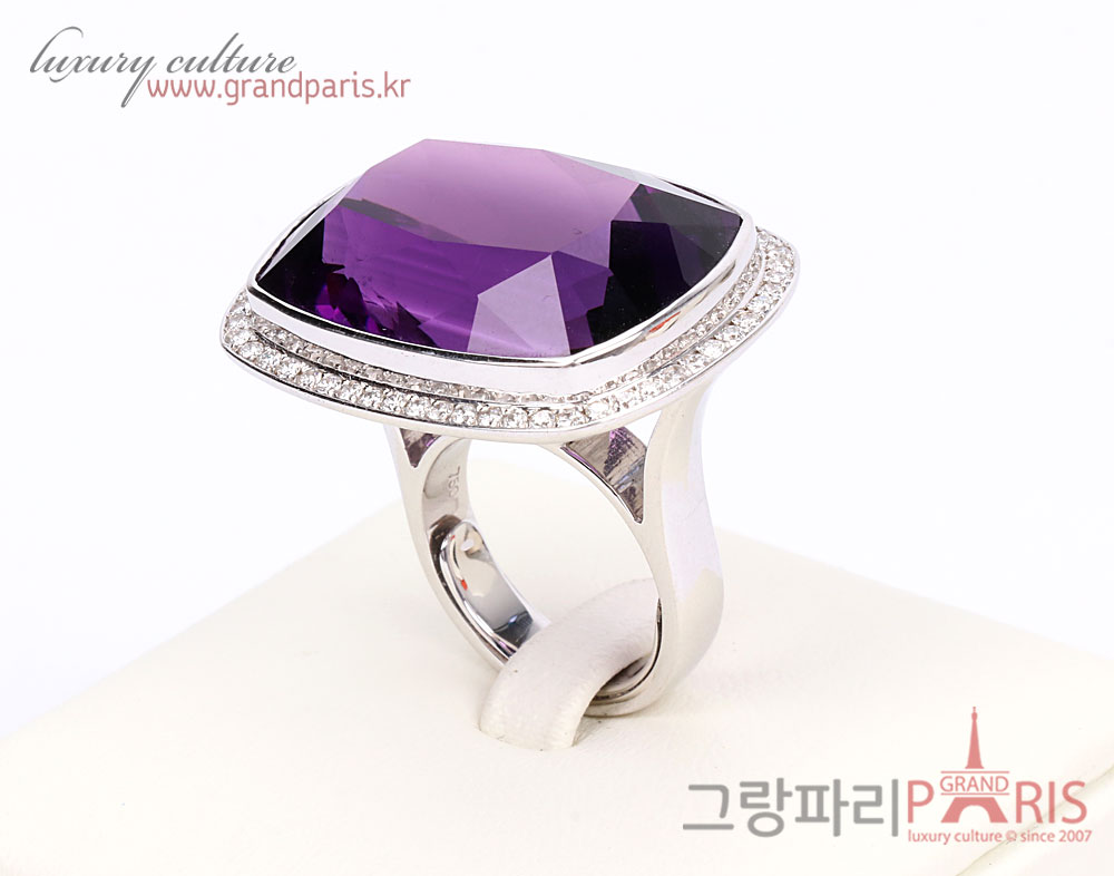 Fine Jewelry 천연 자수정 스퀘어 파베 라인 반지 Au750