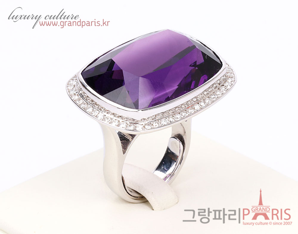 Fine Jewelry 천연 자수정 스퀘어 파베 라인 반지 Au750