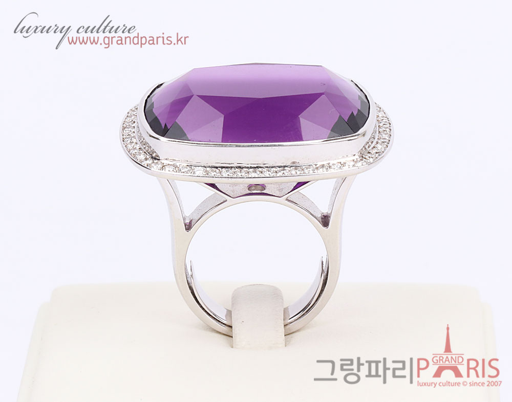 Fine Jewelry 천연 자수정 스퀘어 파베 라인 반지 Au750