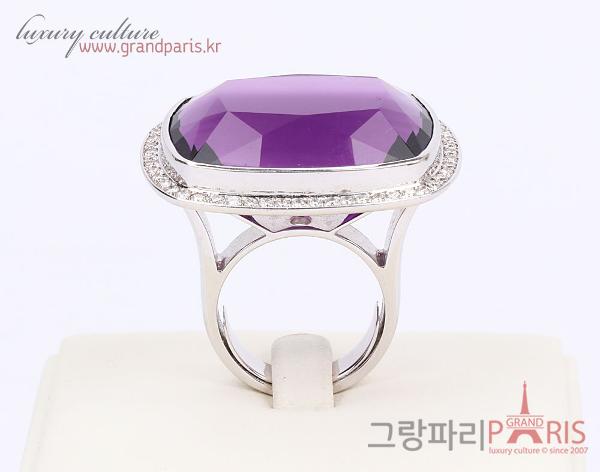 Fine Jewelry 천연 자수정 스퀘어 파베 라인 반지 Au750